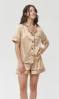 womens lightweight summer gold satin silk pajama set with shorts and button up shirt