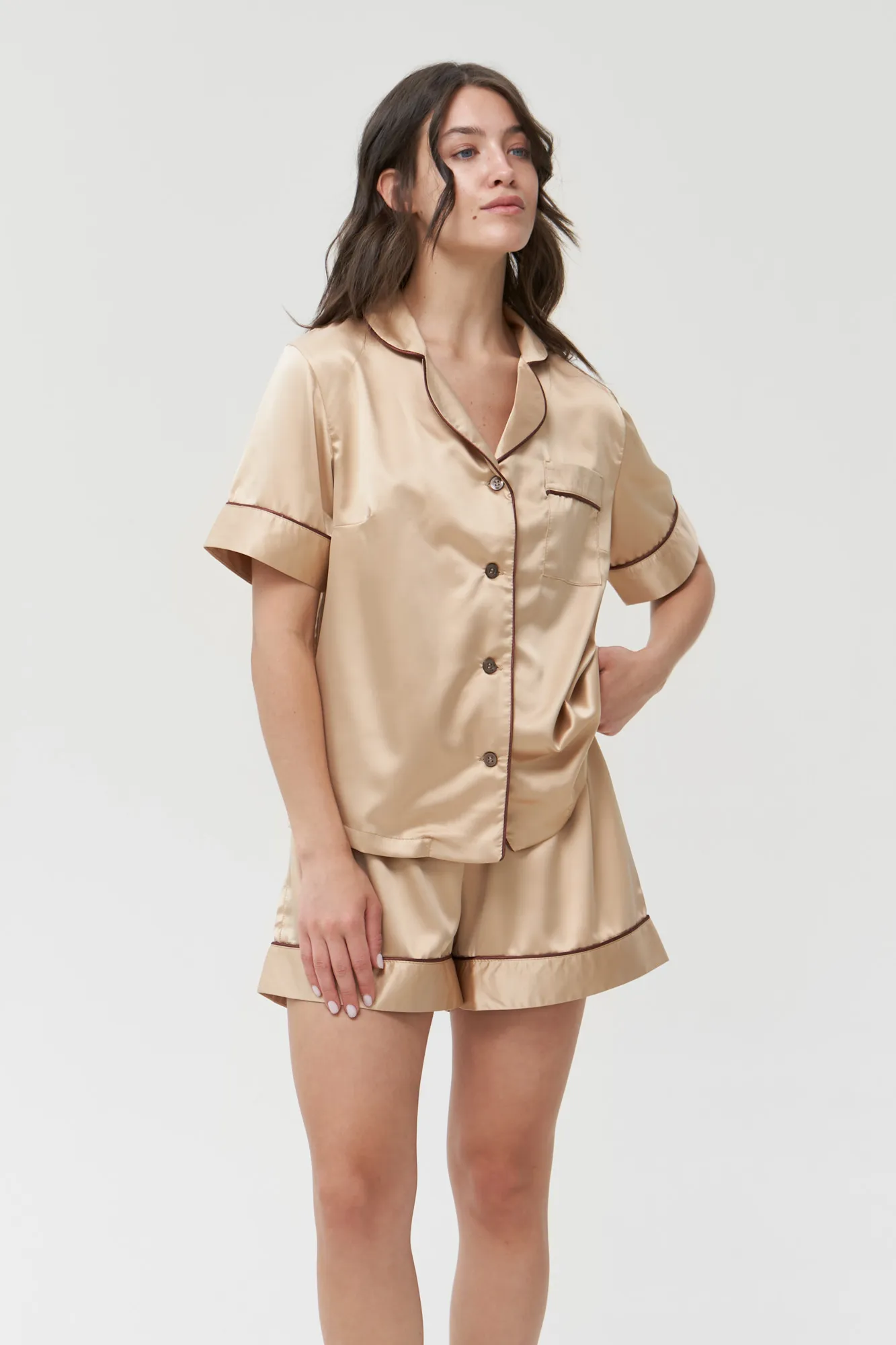 womens lightweight summer gold satin silk pajama set with shorts and button up shirt