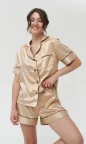 womens lightweight summer gold satin silk pajamas with shorts and button up shirt