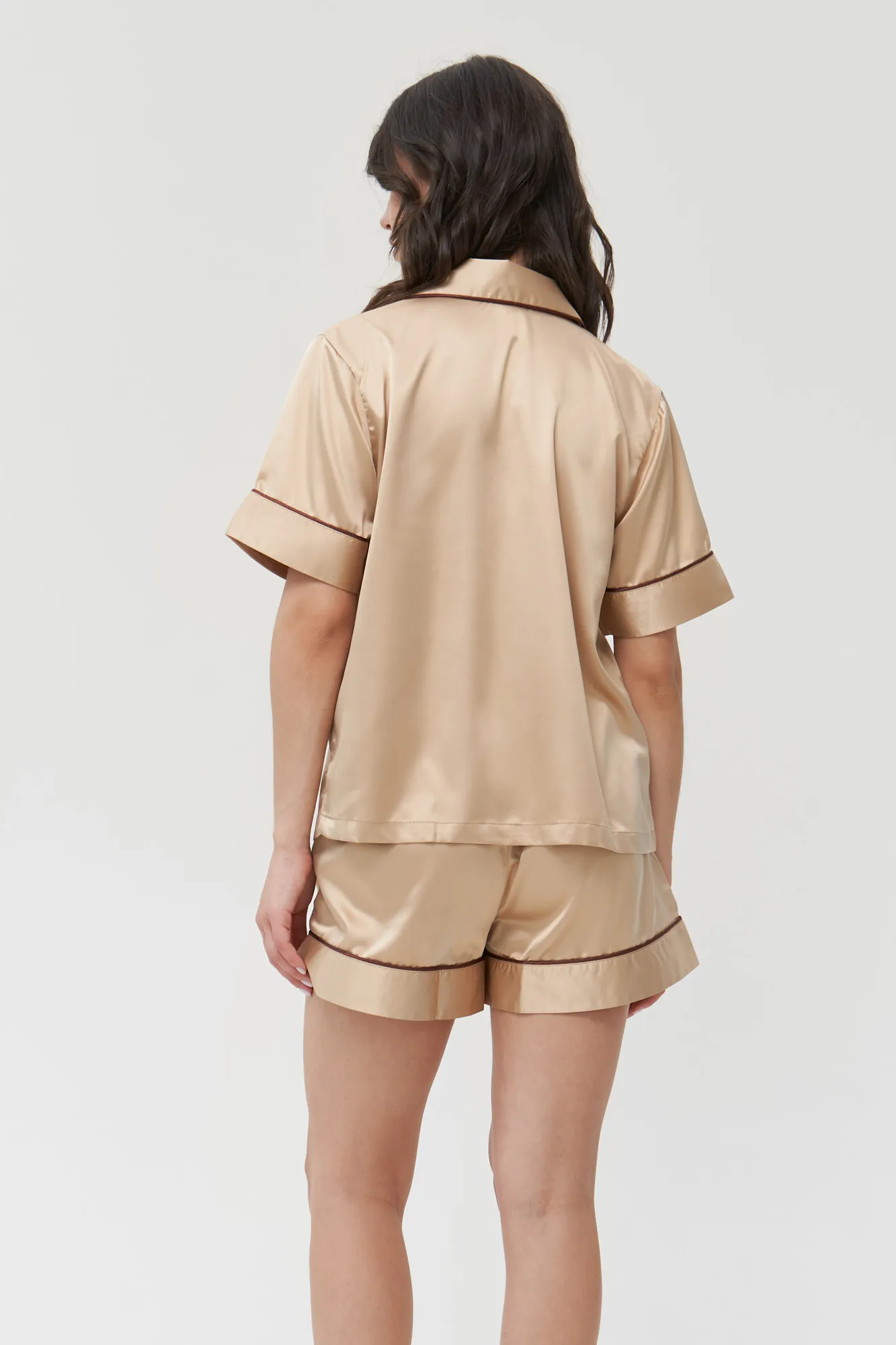 womens lightweight summer gold satin silk pyjamas with shorts and button up shirt