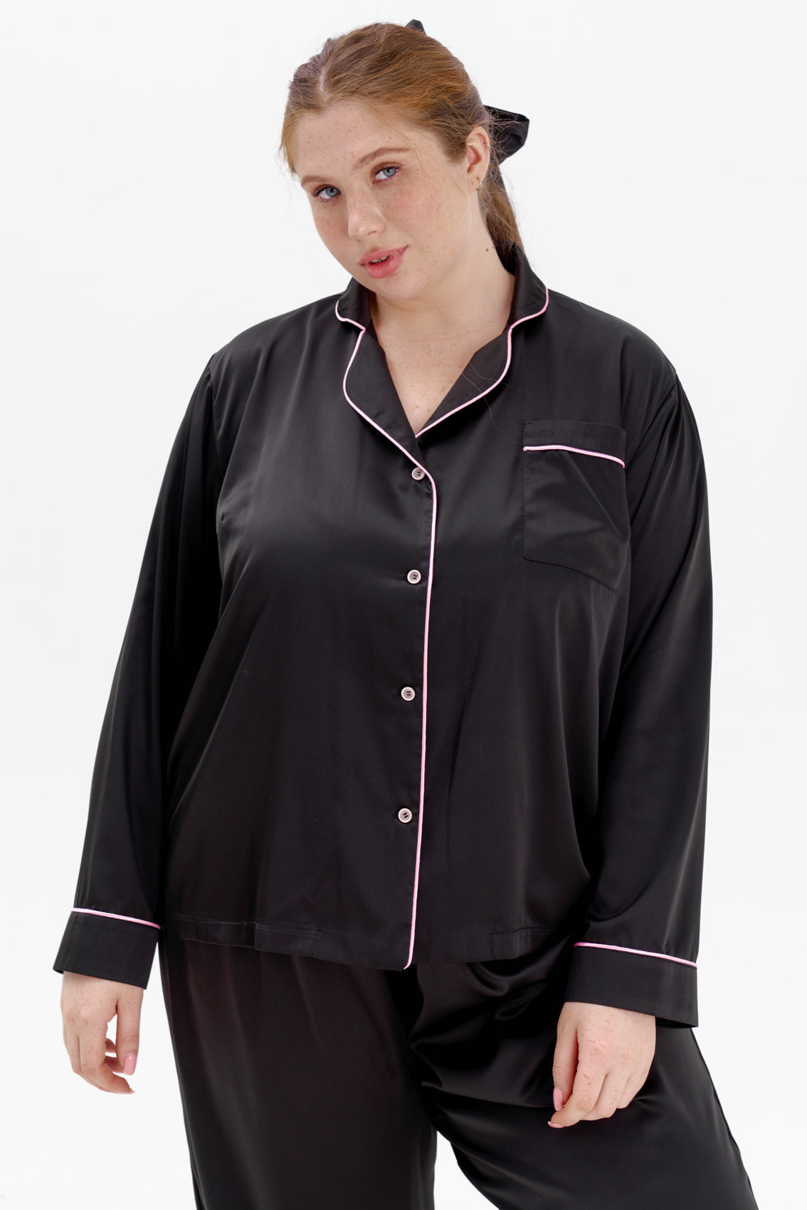 Black Silk Satin Pyjamas, Button Up Pajamas Sets PJs | IDENTITY