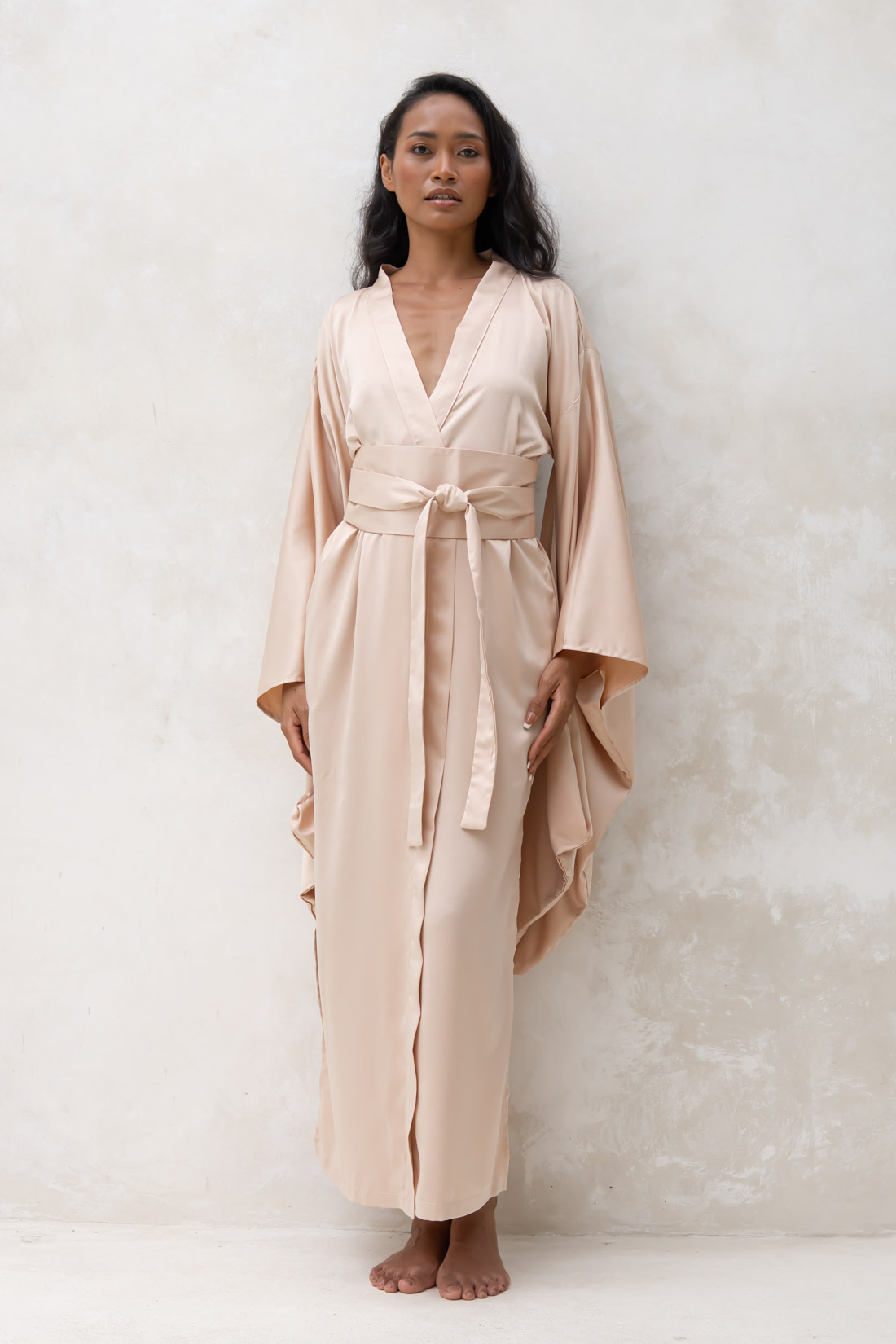 Long Beige Silky Satin Kimono Dressing Gown IDentity Lingerie