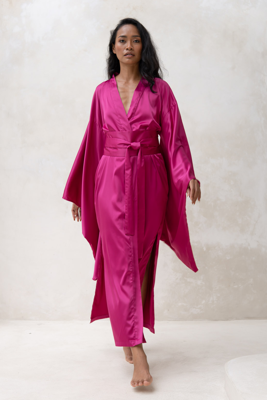 Long Fuchsia Silky Satin Kimono Dressing Gown IDentity Lingerie