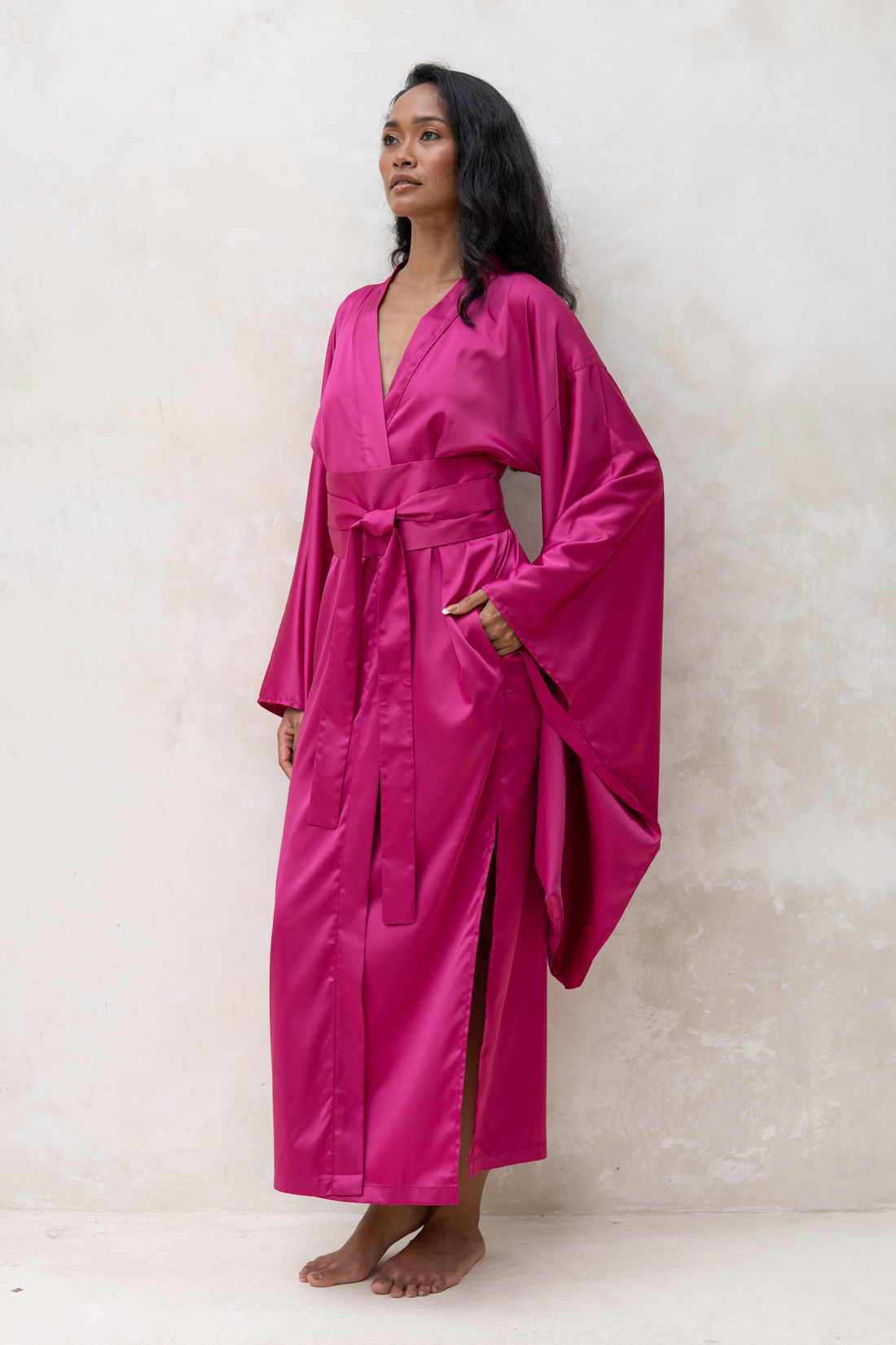 Long Fuchsia Silky Satin Kimono Dressing Gown IDentity Lingerie