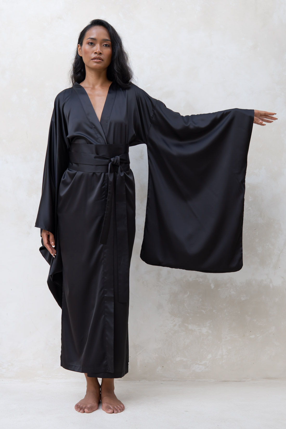 Long Black Silky Satin Kimono Dressing Gown IDentity Lingerie