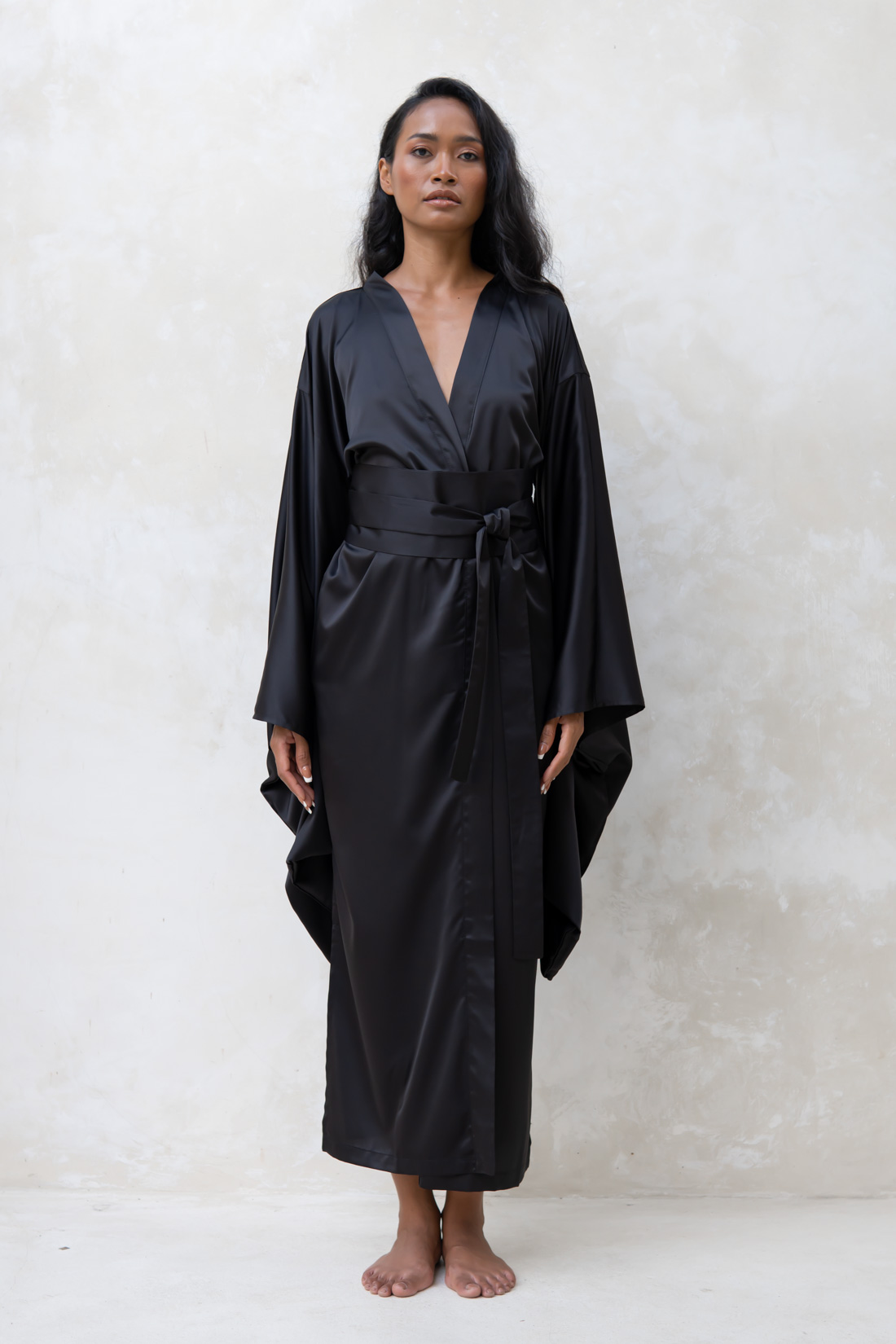 Long Black Silky Satin Kimono Dressing Gown IDentity Lingerie
