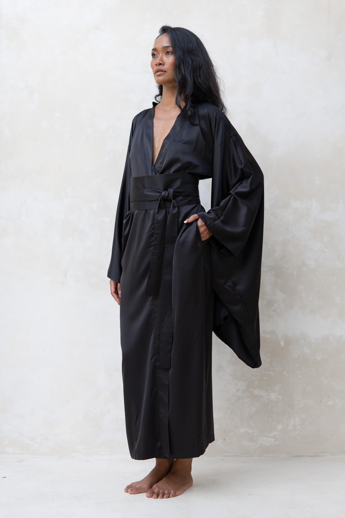 Long Black Silky Satin Kimono Dressing Gown - IDentity Lingerie