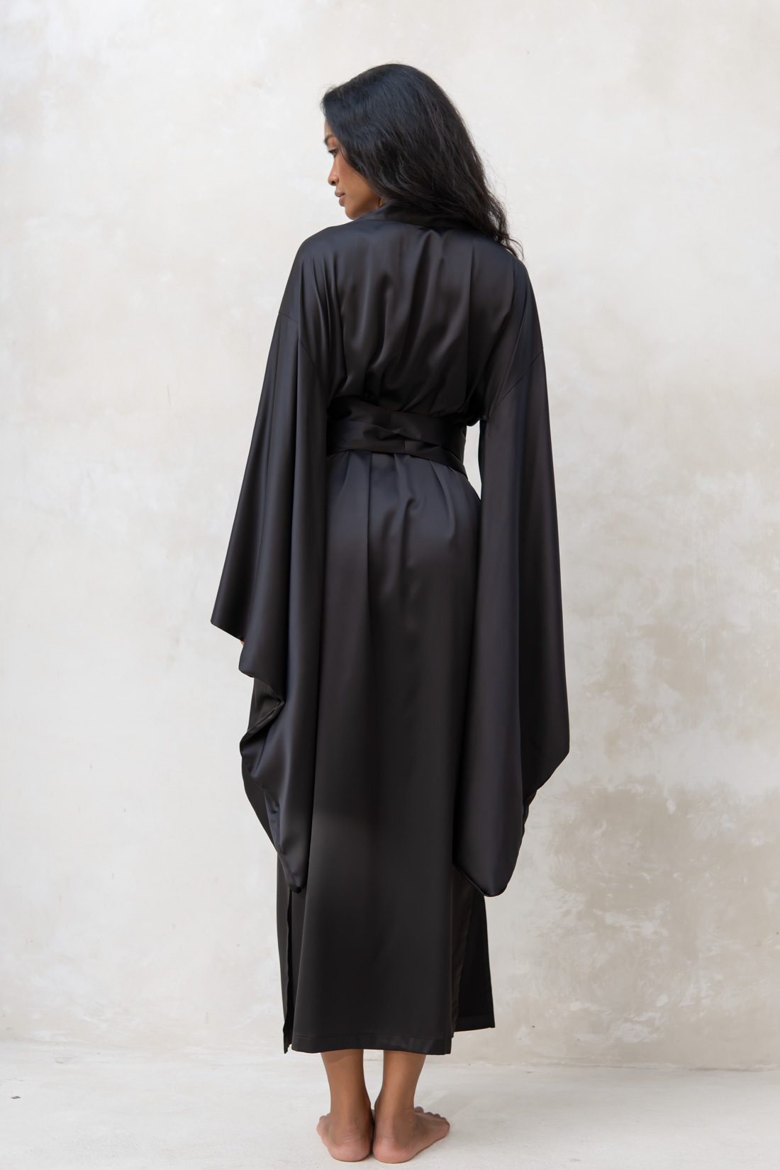 Long Black Silky Satin Kimono Dressing Gown IDentity Lingerie