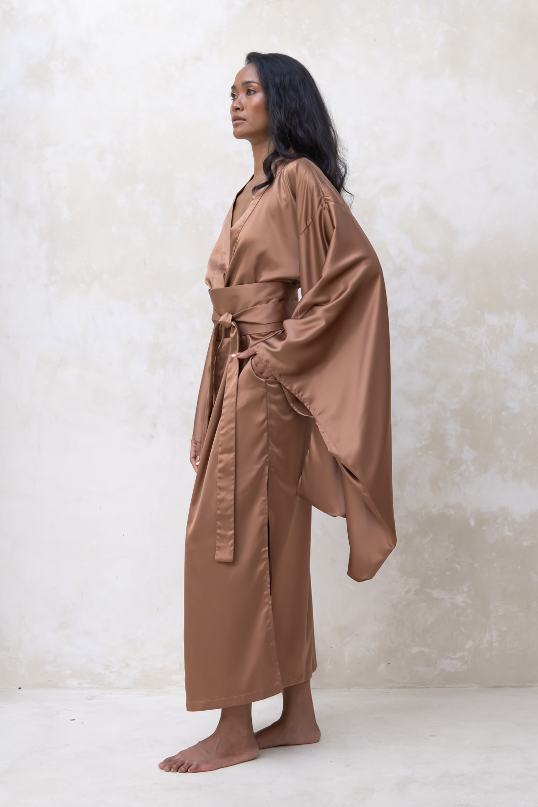 Long Copper Silky Satin Kimono Dressing Gown IDentity Lingerie