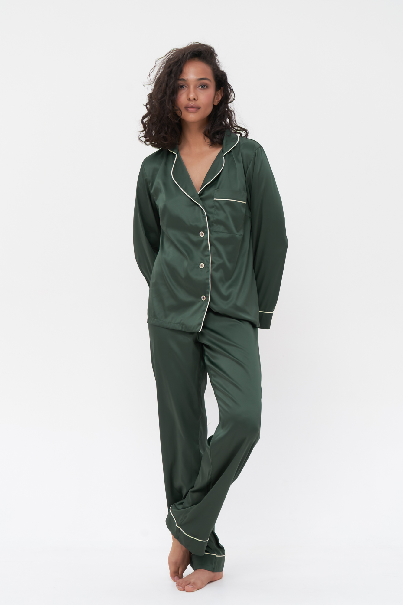 Green Silk Satin Pyjamas Set Button Up Pajamas PJs | IDENTITY