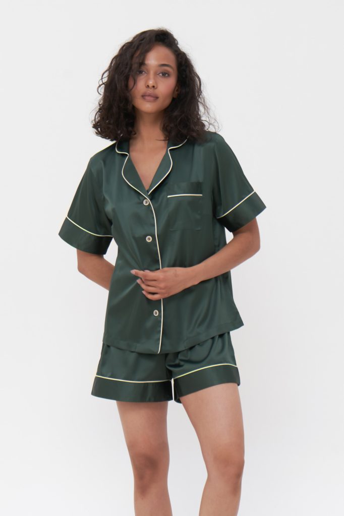 Green Short Pyjamas Set, Silk Satin Button Up PJs Set | IDENTITY