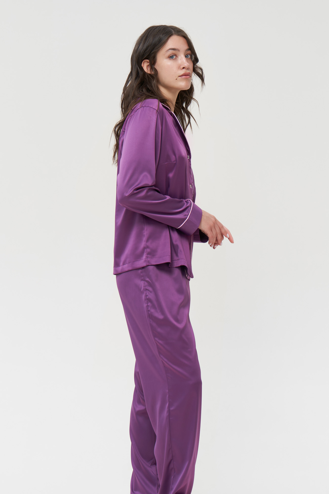 Purple Silk Satin Pyjamas Button Up Pajamas Sets PJs | IDENTITY