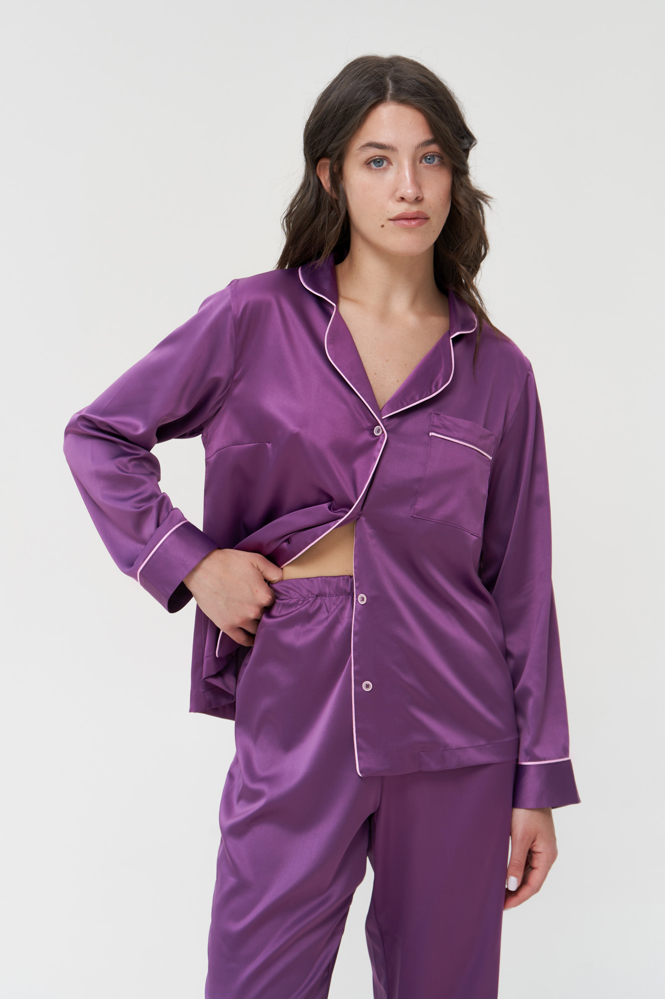 Purple Silk Satin Pyjamas Button Up Pajamas Sets PJs | IDENTITY