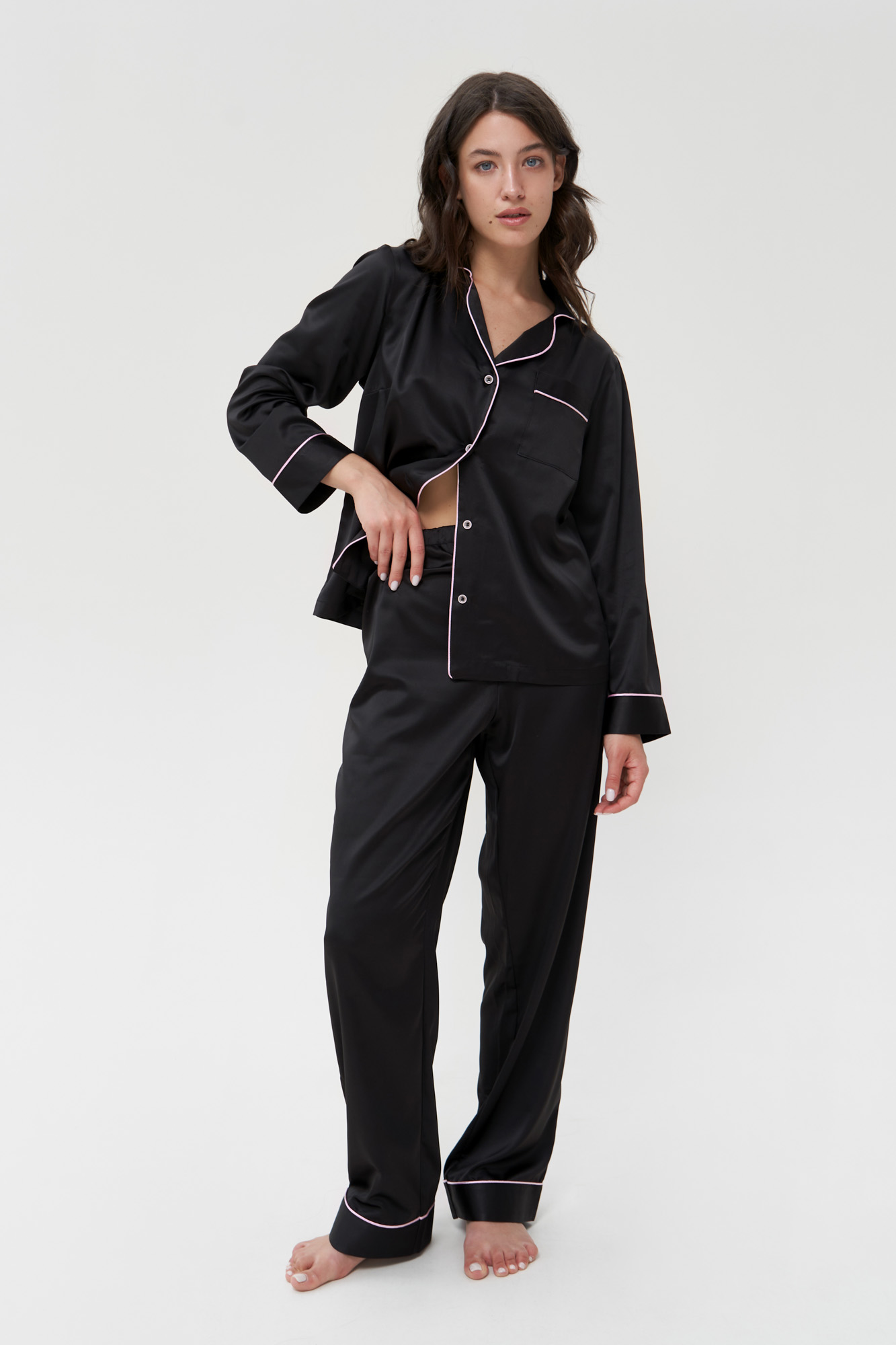 Black Silk Satin Pyjamas, Button Up Pajamas Sets PJs