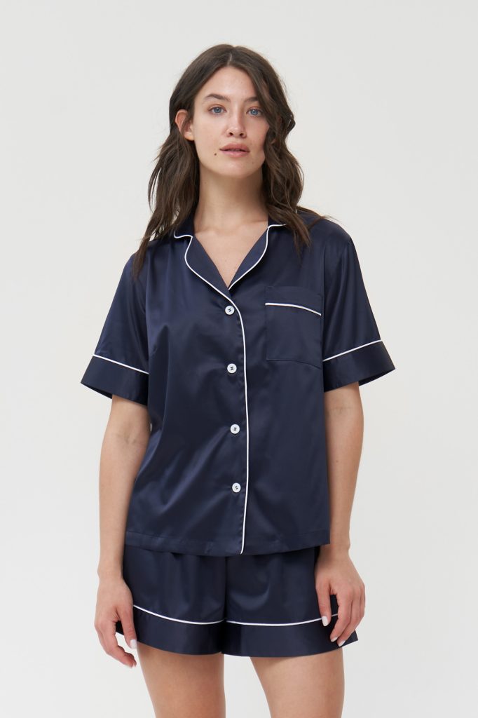 Navy Short Pyjamas Set, Silk Satin Button Up Pajamas | IDENTITY