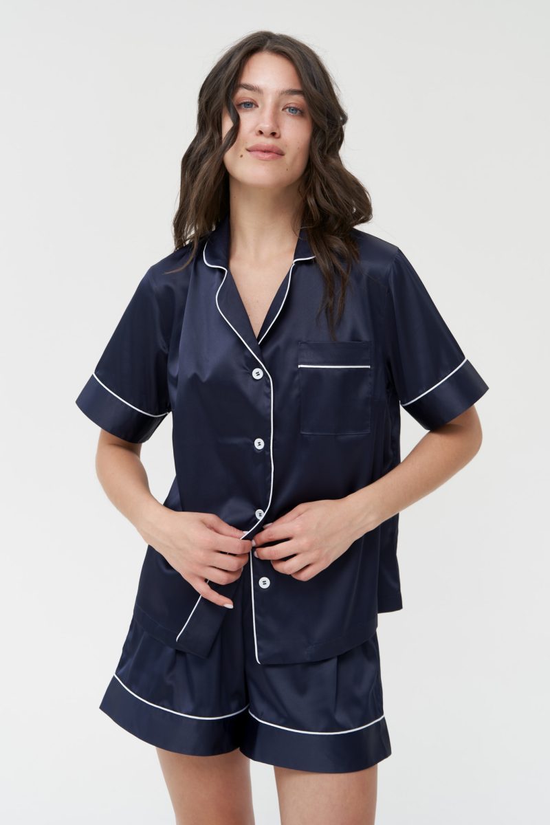 Navy Short Pyjamas Set, Silk Satin Button Up Pajamas | IDENTITY