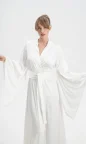 luxury satin silk long bridal dressing gown with train and wide sleeves perfect for getting ready before wedding day