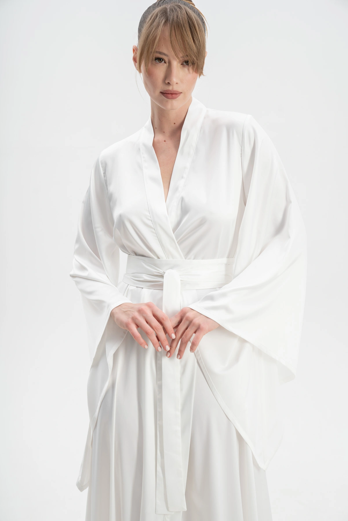 luxury satin silk long bridal dressing gown with train and wide sleeves perfect for getting ready before wedding day