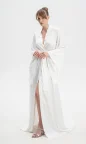 luxury satin silk long bridal robe with train and wide sleeves perfect for getting ready before wedding day