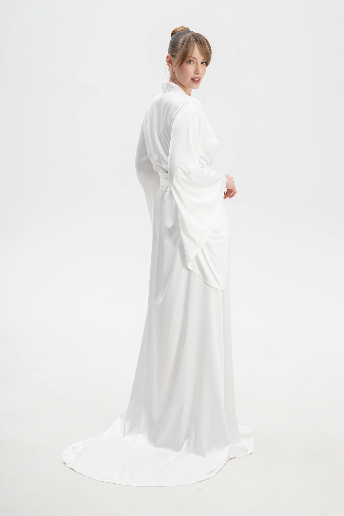 luxury satin silk long bridal robe with train and wide sleeves perfect for getting ready before wedding day
