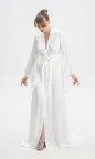 luxury satin silk long bridal robe with train and wide sleeves perfect for getting ready before wedding day