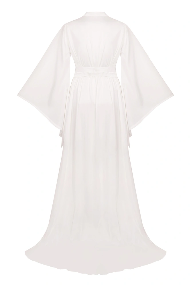 luxury satin silk long bridal robe with train and wide sleeves perfect for getting ready before wedding day