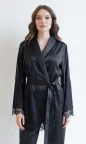 silk satin black women's pajamas with long sleeves and lace trim