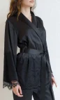 silk satin black women's pjs with long sleeves and lace trim