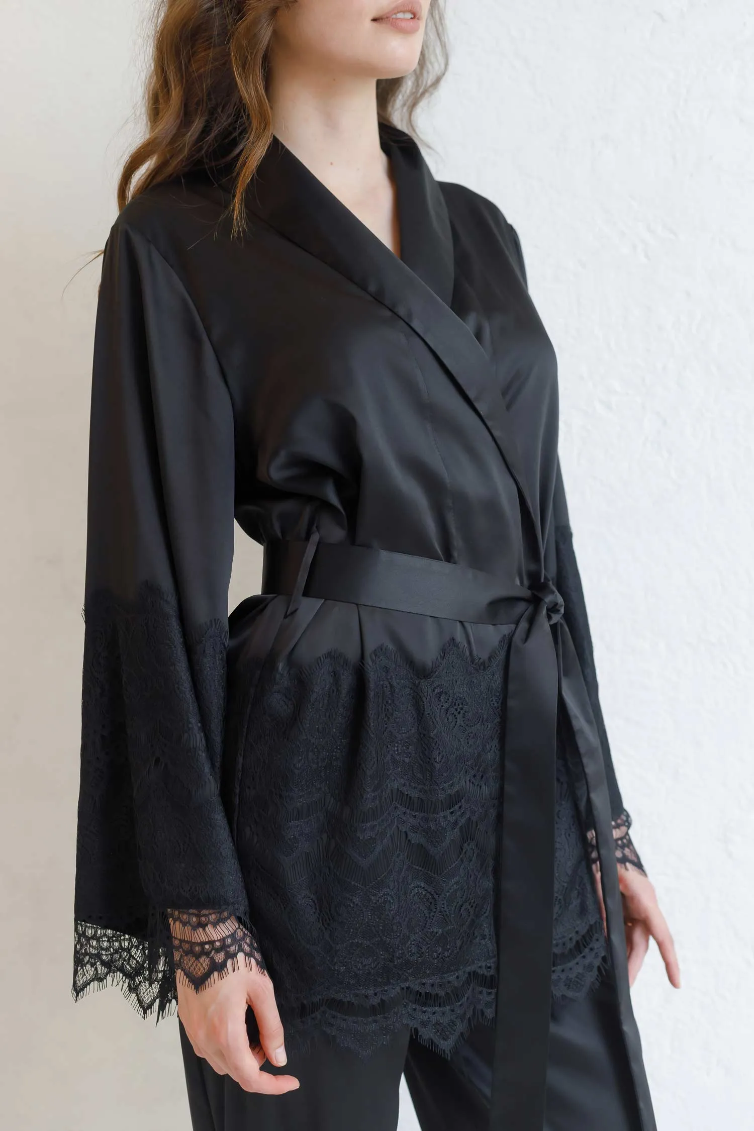 silk satin black women's pjs with long sleeves and lace trim