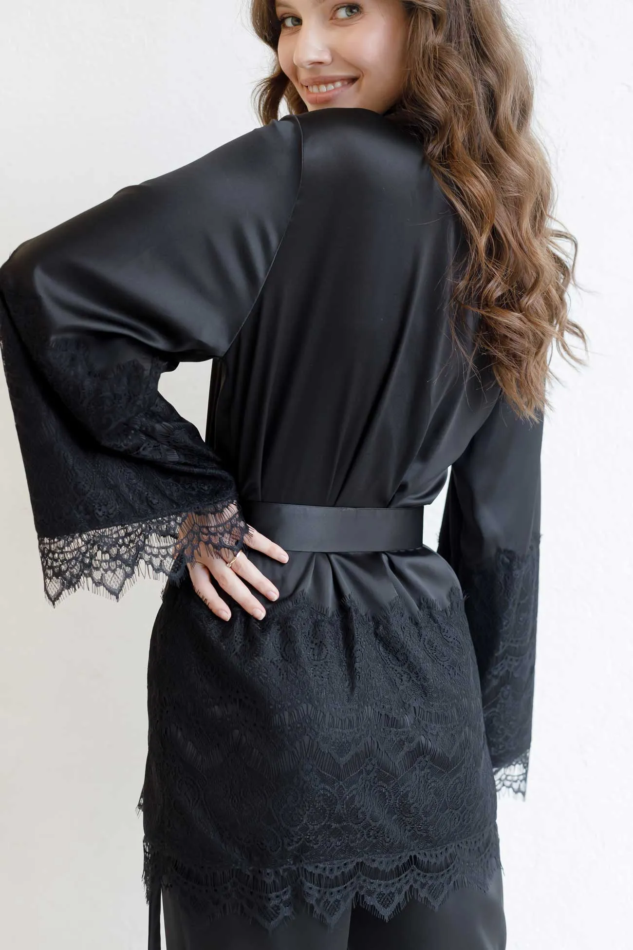 silk satin black women's pyjama set with long sleeves and lace trim
