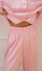 silky satin pink button up women's pajamas with feathers and long sleeves