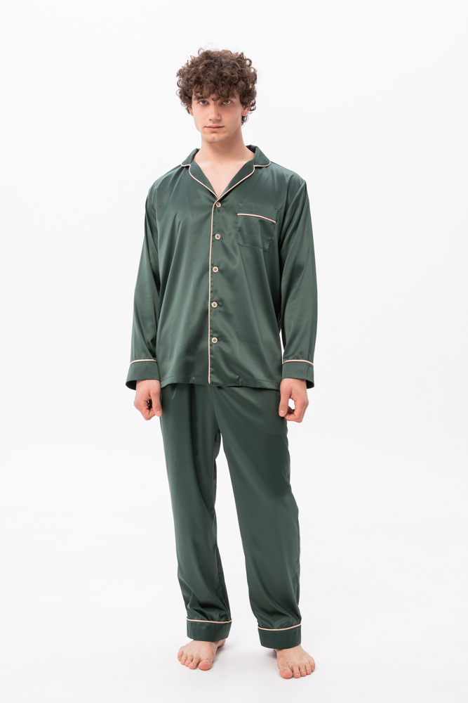 Green Silk Satin Pyjamas Set Button Up Pajamas PJs | IDENTITY