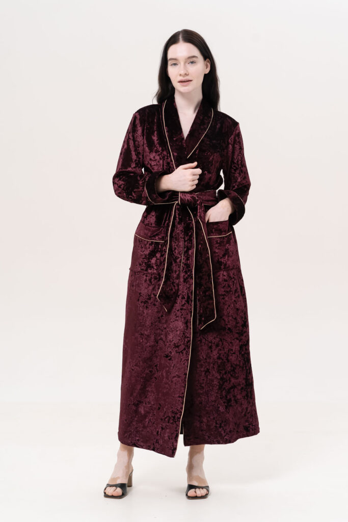 Burgundy Velvet Robe, Long Winter Warm Dressing Gowns Womens