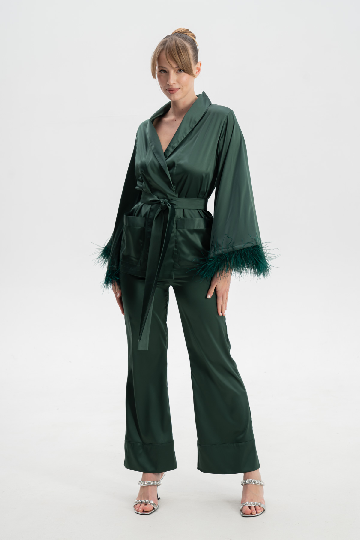 Green Feather Pajama Set, Robe Feather Trim Pajamas PJs