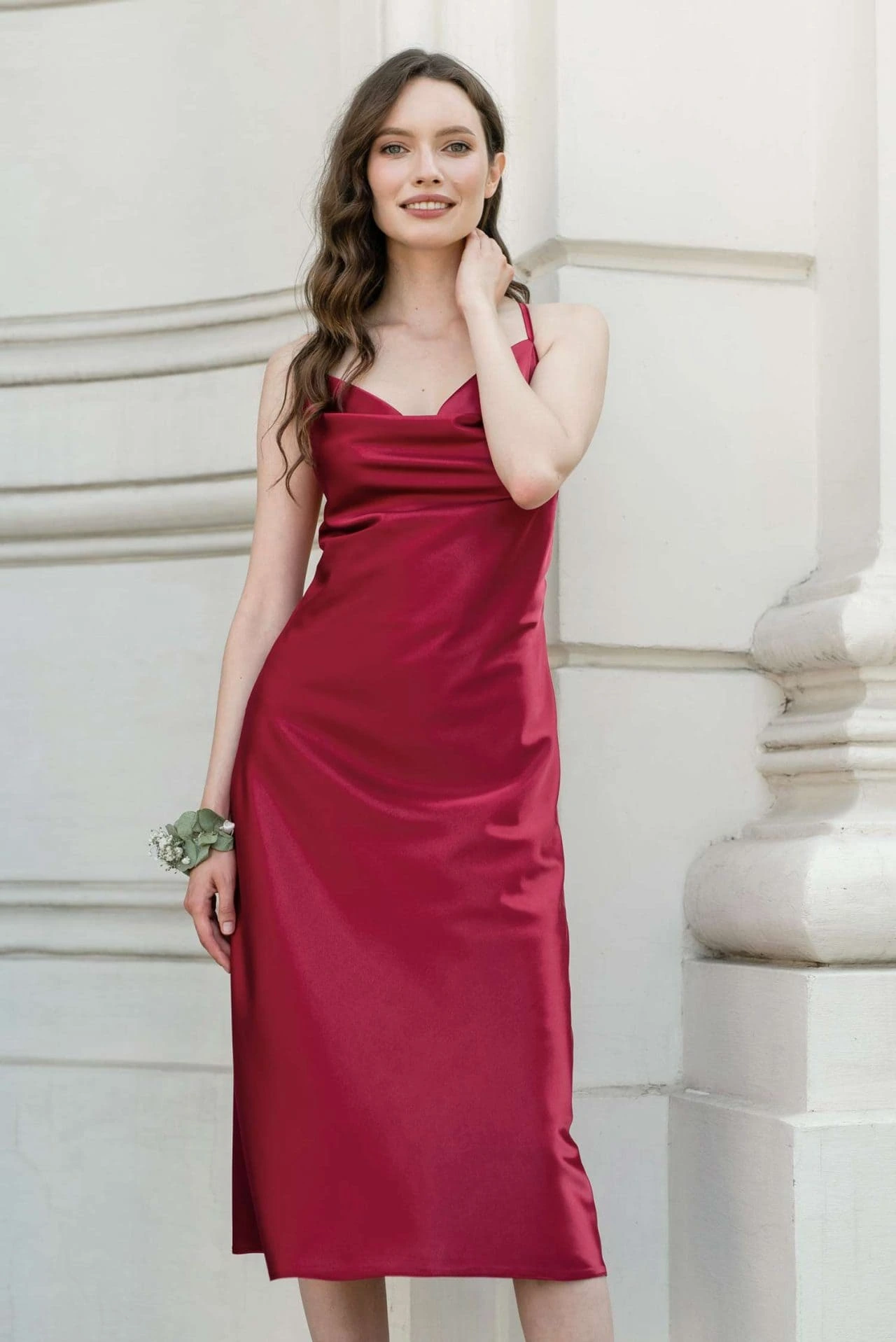 Silky Satin Open Back Cowl Neck Dress in Burgundy